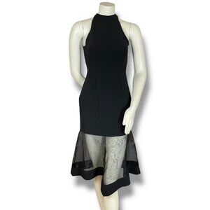 Black Dress Sheer Flared Hem‎ High Neck Fitted Sheath Racerback Cocktail Zip-Up